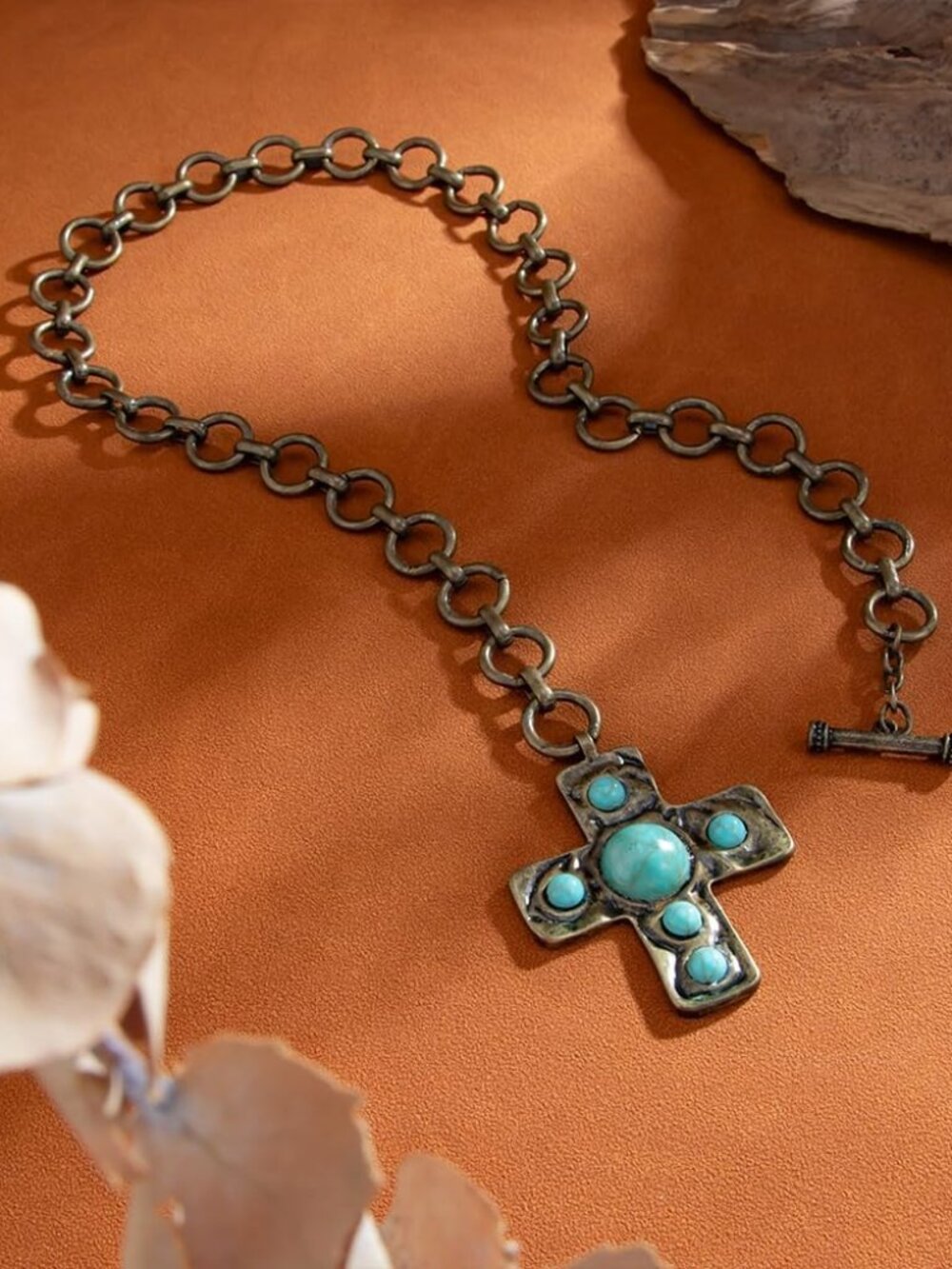 Boho Chunky Gold Turquoise Cross Pendant Necklace for Women Vintage Crucifix Cou - Picture 6 of 7